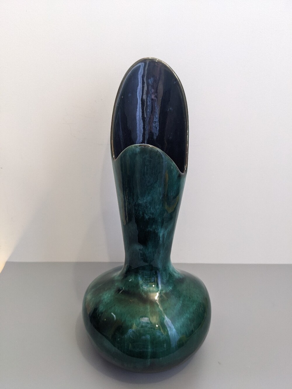 Blue Mountain Pottery Vase 12 Inch 1960s 1970s Green Blue Drip Glaze Canada